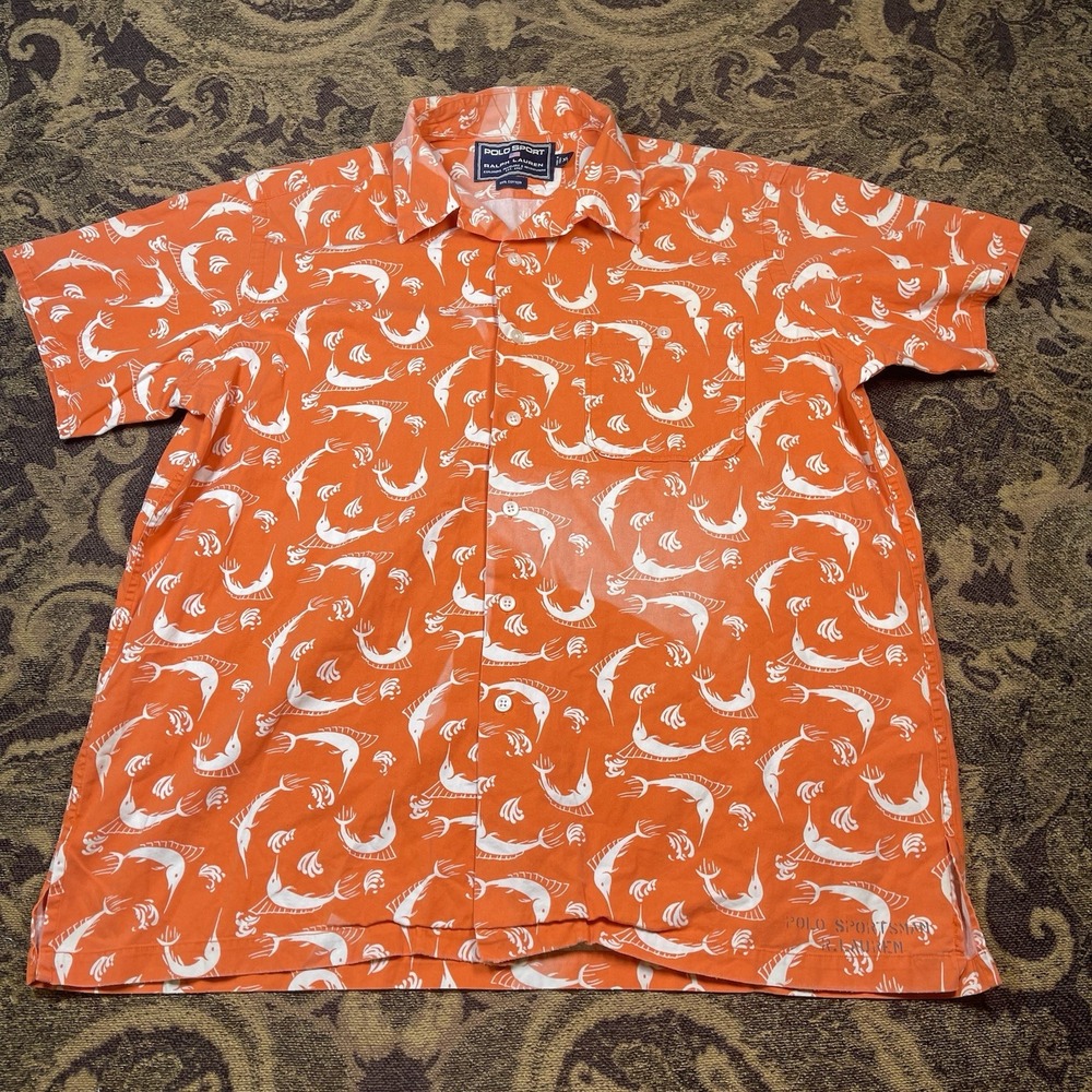 VTG Polo Ralph Lauren Sport Sailfish Button Shirt Orange Men Size XL Sunfaded